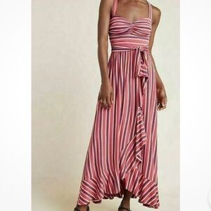 Anthropologie Maeve Gabriella Stripe Ruffle Maxi Dress in Pink Combo Size S